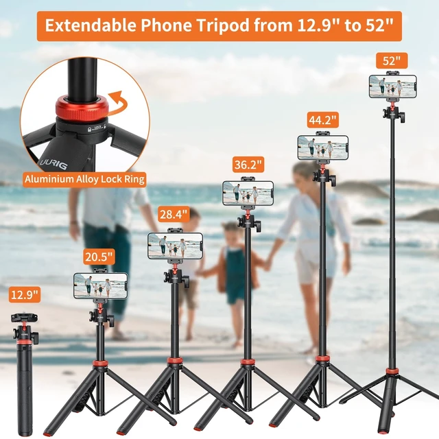 Alt view image 3 of 5 - UURIG 52" Extendable Phone Tripod with Remote Selfie Stick 360 Ball Head Camera Tripod with 2 in 1 Phone Clip Cell Phone Stand for iPhone 16/15/14/13/12 Pro Max/Samsung/GoPro/DJI Action