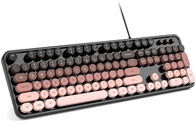 Main image of MOWUX Computer Keyboard Wired, Plug and Play USB Retro Round Typewriter Keyboard, Full Size Wired Keyboard with Foldable Stands for Laptop and Office PC- BlackBerry Gradient