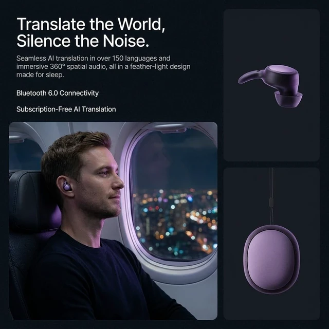 Alt view image 3 of 5 - NE76 Sleep Earbuds Bluetooth 6.0 in Ear, AI Translation Headphones Real Time 164 Language, Mini Sleep Headphones Small Design for Side Sleepers for Travel Education Business Meeting (Purple)