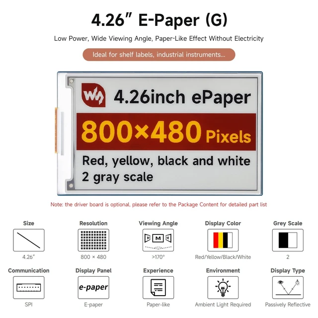 Alt view image 3 of 5 - Waveshare 4.26inch E-Paper Display (G), 800 480 Resolution, Red/Yellow/Black/White, SPI Communication Interface, Standard Raspberry Pi 40PIN GPIO Header