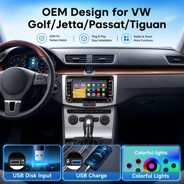 Alt view image 2 of 5 - Car Stereo Upgrade for Volkswagen Golf Jetta Passat Tiguan, 7-Inch Touchscreen VW Car Radio with Wireless Carplay Android Auto, FM RDS Radio, Bluetooth, Factory Controls