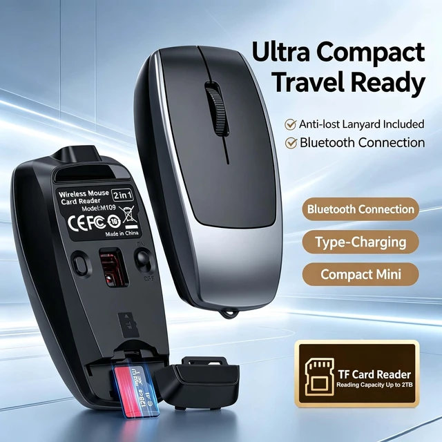 Alt view image 2 of 5 - 2-in-1 Mini Wireless Bluetooth Mouse & TF Card Reader(Up to 2TB),USB-C Rechargeable Silent Pocket-Sized 30g Compact Travel Finger Mice,for PC Laptop MacBook iPad Tablet,Office Trip Home Use-Gre