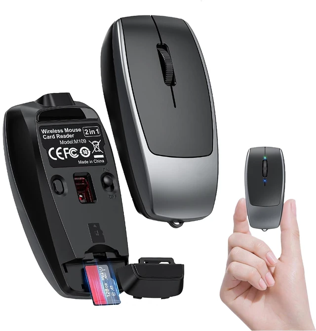 Main image of 2-in-1 Mini Wireless Bluetooth Mouse & TF Card Reader(Up to 2TB),USB-C Rechargeable Silent Pocket-Sized 30g Compact Travel Finger Mice,for PC Laptop MacBook iPad Tablet,Office Trip Home Use-Gre