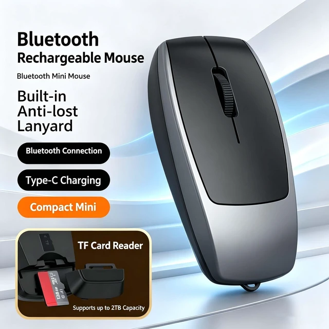 Alt view image 4 of 5 - 2-in-1 Mini Wireless Bluetooth Mouse & TF Card Reader(Up to 2TB),USB-C Rechargeable Silent Pocket-Sized 30g Compact Travel Finger Mice,for PC Laptop MacBook iPad Tablet,Office Trip Home Use-Gre