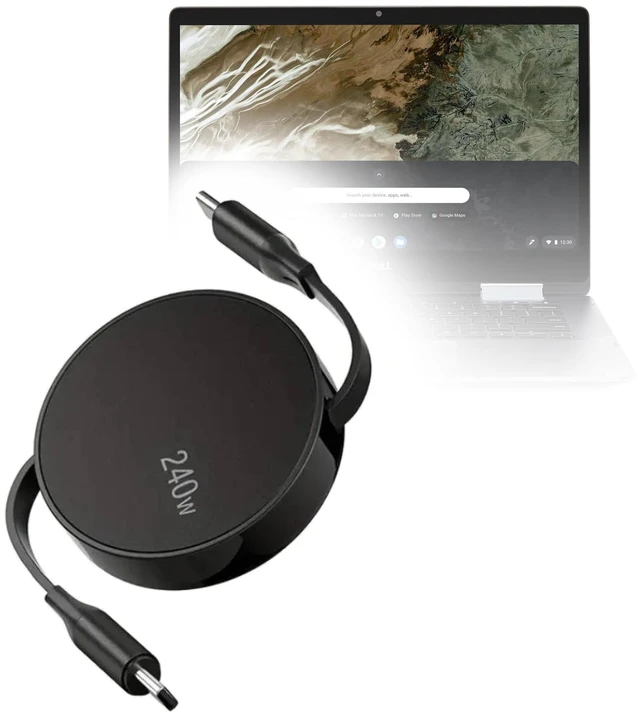 Main image of BoxWave Cable Compatible with Dell Inspiron Chromebook 14 2-in-1 (14 in) - PD miniSync (240W), Retractable PD 240W Portable USB Type-C Cable - Jet Black