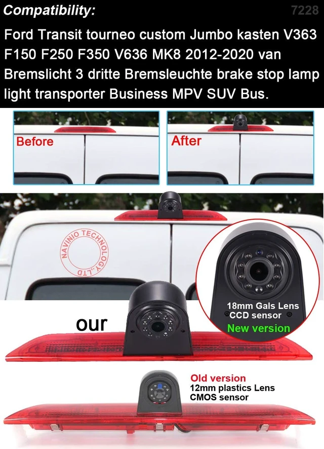 Alt view image 3 of 5 - Super HD 1280x720 Pixel 3rd Brake Light Reversing car Camera Brake lamp Parking for Ford Transit Tourneo Custom Jumbo Kasten V363 F150 F250 F350 V636 MK8 Third MPV ++7" car Reverse Monitor Waterproof