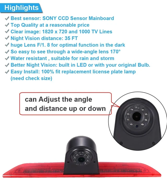 Alt view image 5 of 5 - Super HD 1280x720 Pixel 3rd Brake Light Reversing car Camera Brake lamp Parking for Ford Transit Tourneo Custom Jumbo Kasten V363 F150 F250 F350 V636 MK8 Third MPV ++7" car Reverse Monitor Waterproof