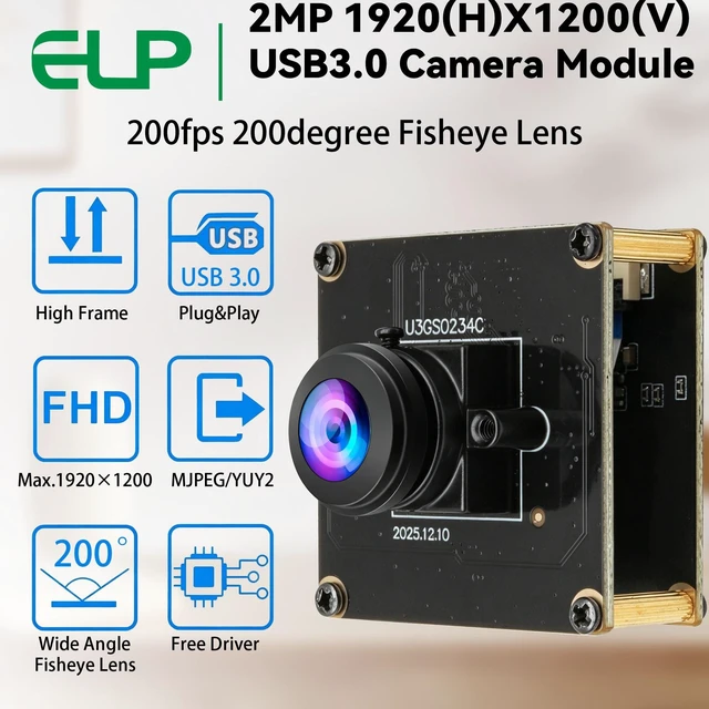 Alt view image 2 of 5 - ELP High Speed 200FPS Global Shutter USB3.0 Fisheye Camera Module Wide Angle 180degree Webcam Board for Computer Mini UVC USB3.0/2.0 PC Camera Fast Frame Lightburn Cameras 1200P 120fps 200 Webcamera