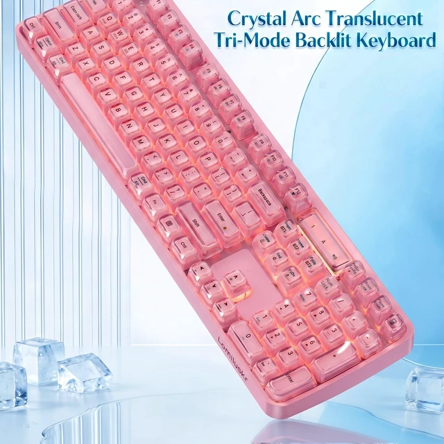 Alt view image 2 of 5 - Lomiluskr RGB Arc Wireless Keyboard, BT/2.4G/Wired Tri-Mode, Full Size Crystal Texture Translucent Jelly Keycaps, 2000mAh Rechargeable, Compatible with PC/Notebook/Tablet/Smartphone (Pink)