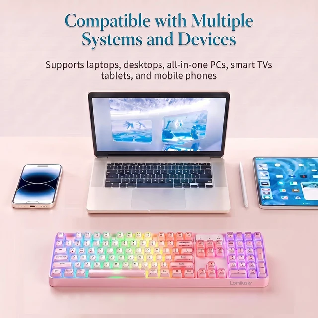 Alt view image 3 of 5 - Lomiluskr RGB Arc Wireless Keyboard, BT/2.4G/Wired Tri-Mode, Full Size Crystal Texture Translucent Jelly Keycaps, 2000mAh Rechargeable, Compatible with PC/Notebook/Tablet/Smartphone (Pink)