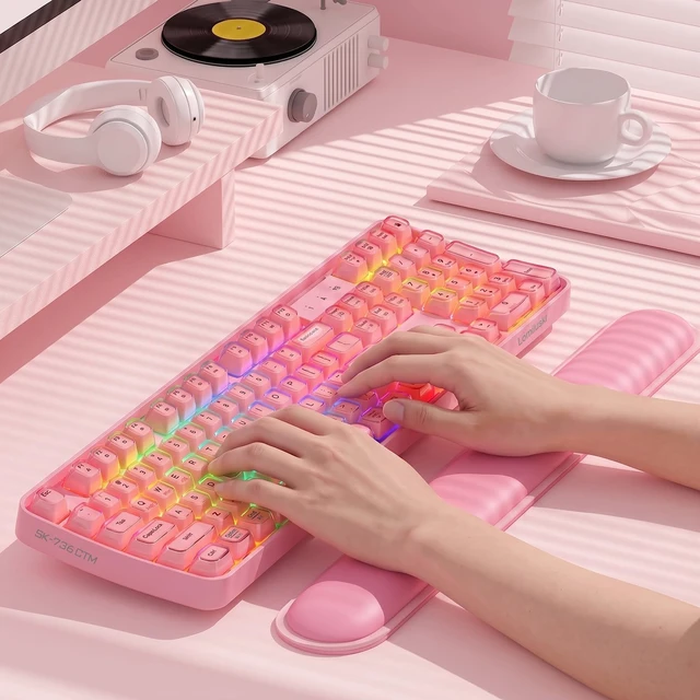Alt view image 5 of 5 - Lomiluskr RGB Arc Wireless Keyboard, BT/2.4G/Wired Tri-Mode, Full Size Crystal Texture Translucent Jelly Keycaps, 2000mAh Rechargeable, Compatible with PC/Notebook/Tablet/Smartphone (Pink)