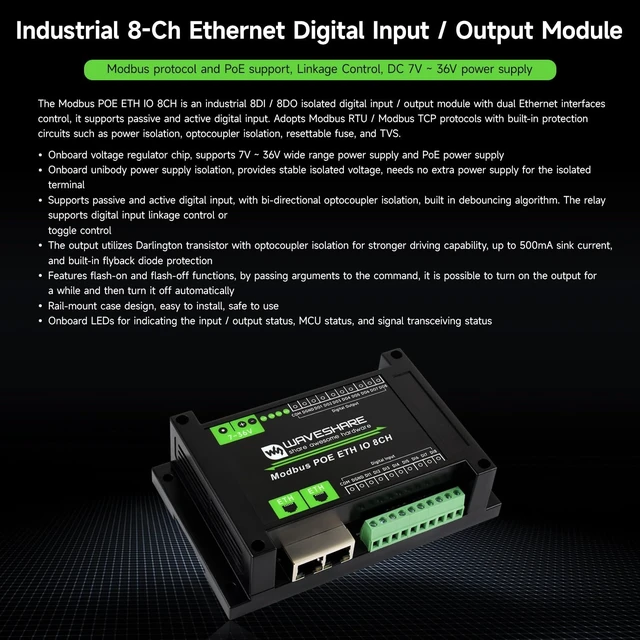 Alt view image 3 of 5 - KLAYERS Industrial 8-Channel Ethernet Input/Output Module with Modbus RTU/TCP and PoE Support