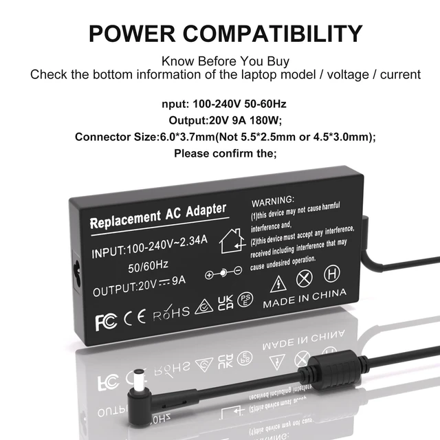 Alt view image 2 of 5 - 180W AC Power Adapter 6.0 x 3.7mm tip Laptop Charger for ASUS ROG Zephyrus