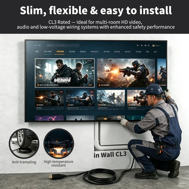 Alt view image 5 of 5 - 10k 8K Fiber Optic HDMI Cable Long 75FT in-Wall CL3 Rated 48Gbps Ultra High speed HDMI 2.1 Cord 8K@60Hz 4K@120Hz 10K@30Hz,HDCP 2.2/2.3 eARC HDR10 Dolby Compatible with PC TV Monitor Laptop PS4/PS5