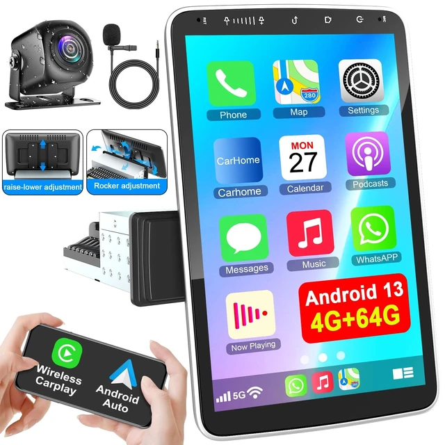 Alt view image 5 of 5 - 10 Inch Single Din Car Stereo Wireless CarPlay Android Auto Rotatable Touchscreen Android CarPlay Radio Bluetooth FM GPS Navigation WiFi Car Audio Receiver Head Unit QLED Screen+Rear Camera, 4G