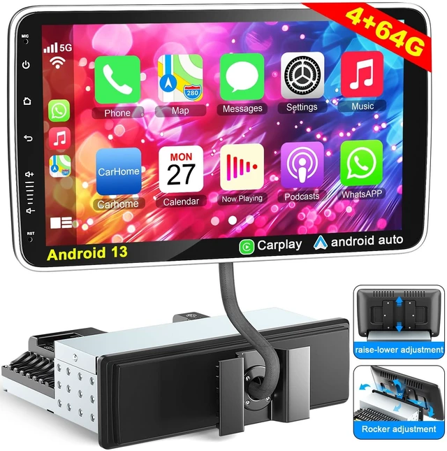 Main image of 10 Inch Single Din Car Stereo Wireless CarPlay Android Auto Rotatable Touchscreen Android CarPlay Radio Bluetooth FM GPS Navigation WiFi Car Audio Receiver Head Unit QLED Screen+Rear Camera, 4G
