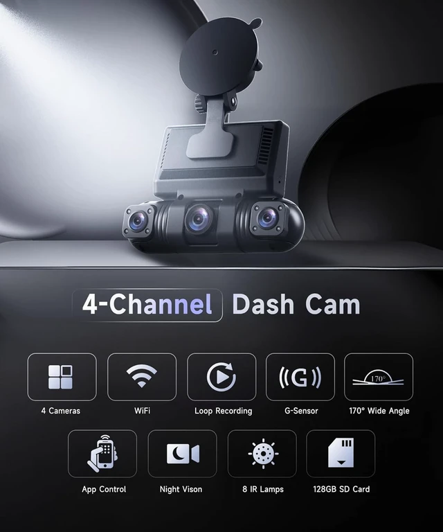 Alt view image 2 of 5 - MAHVEC 4 Channel Dash Cam with 360 View - Front/Rear/Inside/Left/Right, Built-in WiFi & G-Sensor, Night Vision, 24/7 Parking Mode Monitoring, Free 128GB SD Card, Dash Camera for Cars