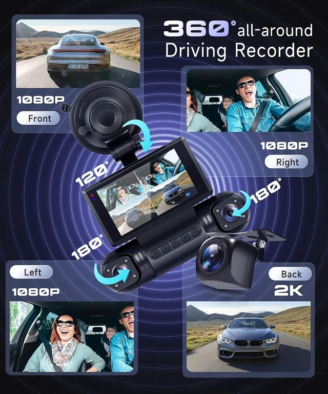 Alt view image 3 of 5 - MAHVEC 4 Channel Dash Cam with 360 View - Front/Rear/Inside/Left/Right, Built-in WiFi & G-Sensor, Night Vision, 24/7 Parking Mode Monitoring, Free 128GB SD Card, Dash Camera for Cars