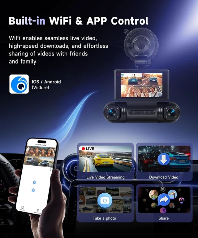 Alt view image 4 of 5 - MAHVEC 4 Channel Dash Cam with 360 View - Front/Rear/Inside/Left/Right, Built-in WiFi & G-Sensor, Night Vision, 24/7 Parking Mode Monitoring, Free 128GB SD Card, Dash Camera for Cars