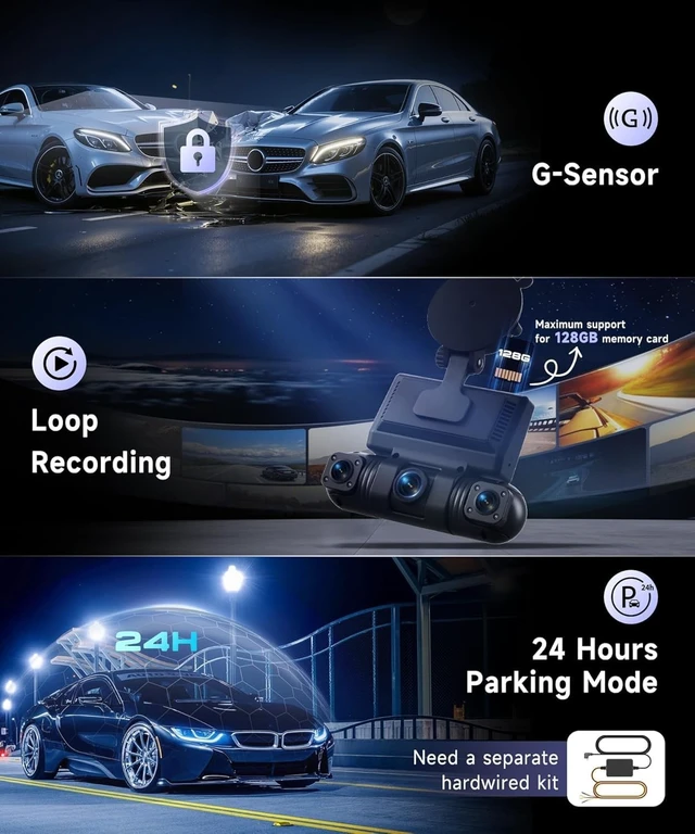 Alt view image 5 of 5 - MAHVEC 4 Channel Dash Cam with 360 View - Front/Rear/Inside/Left/Right, Built-in WiFi & G-Sensor, Night Vision, 24/7 Parking Mode Monitoring, Free 128GB SD Card, Dash Camera for Cars
