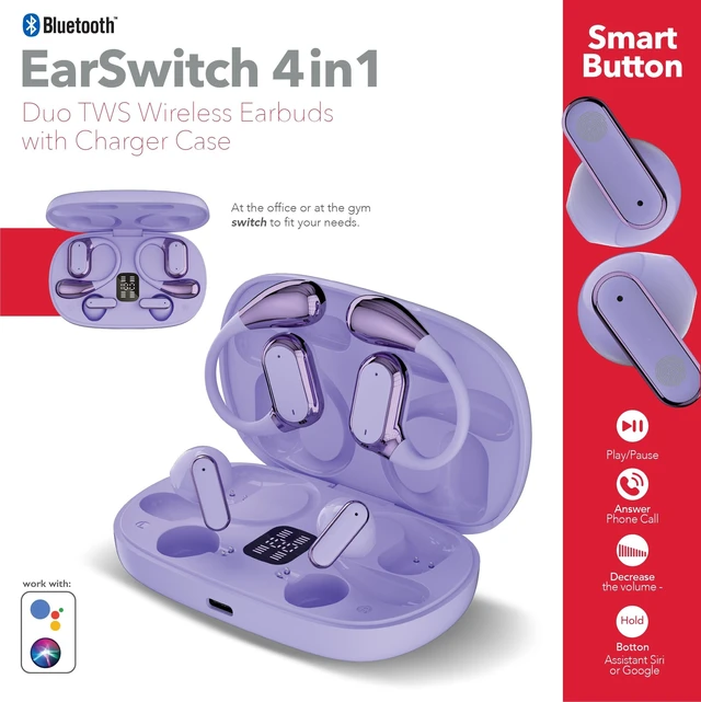 Alt view image 4 of 5 - RCA EarSwitch 4in1 Duo TWS Wireless Earbuds, Bluetooth 5.4 Open-Ear & in-Ear Headphones, Dual Earbud Sets in One Case, 20H Playtime, LED Display, Ultra Bass, Touch Control, Sport & Gym (Purple)