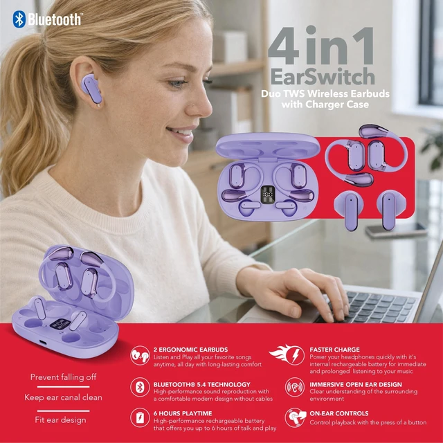 Alt view image 5 of 5 - RCA EarSwitch 4in1 Duo TWS Wireless Earbuds, Bluetooth 5.4 Open-Ear & in-Ear Headphones, Dual Earbud Sets in One Case, 20H Playtime, LED Display, Ultra Bass, Touch Control, Sport & Gym (Purple)