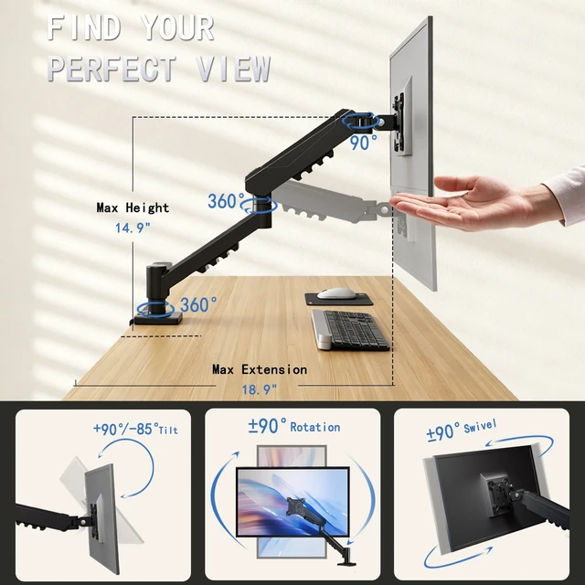 Alt view image 3 of 5 - Pivotix Single Monitor Arm Desk Mount, Mechanical Spring, 17-32 Inch, VESA
