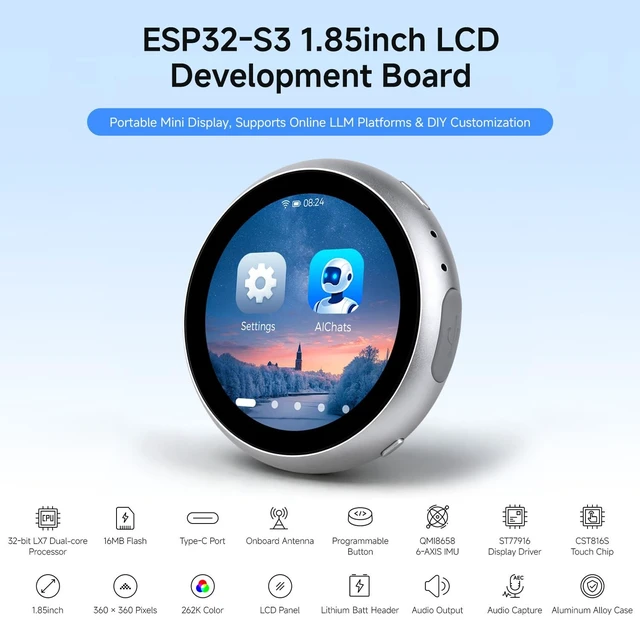 Alt view image 3 of 5 - Waveshare ESP32-S3 1.85inch LCD Capacitive Touch Display Development Board, 360360, CNC-machined Aluminum Alloy Case, Supports Online LLM Platforms & DIY Customization No Batt