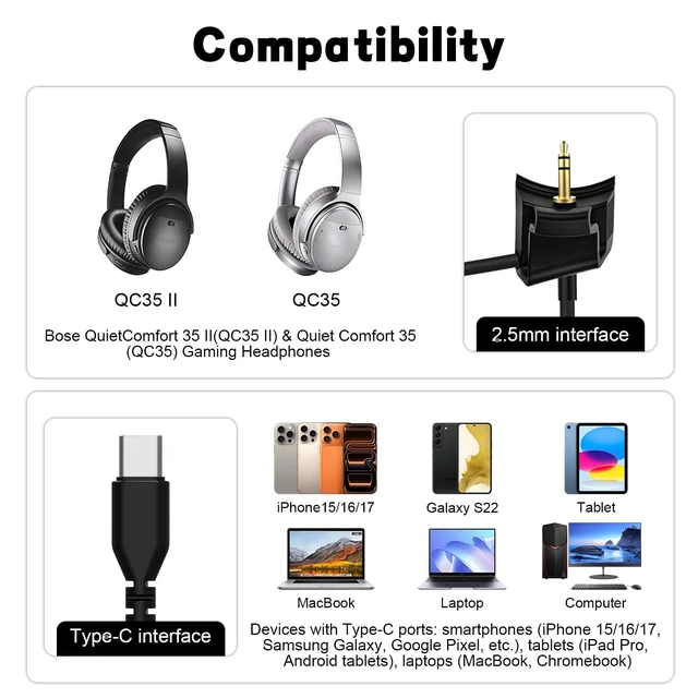Alt view image 2 of 5 - Detachable Audio Cable Boom Microphone with Adjustable Mic and Mute Switch for Bose QC35 & QC35 II Headphones, USB C Gaming Headset Boom Mic Cable Cord with 360 Noise-Canceling Microphone for iPhon
