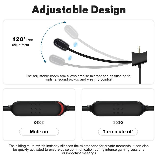 Alt view image 5 of 5 - Detachable Audio Cable Boom Microphone with Adjustable Mic and Mute Switch for Bose QC35 & QC35 II Headphones, USB C Gaming Headset Boom Mic Cable Cord with 360 Noise-Canceling Microphone for iPhon