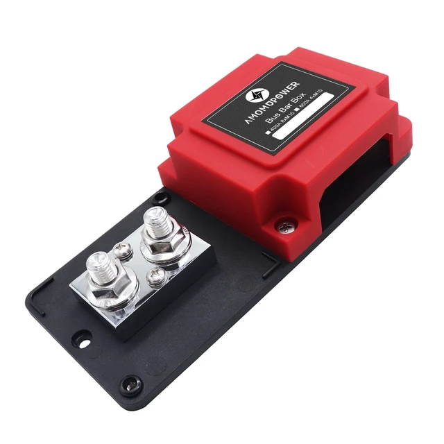 Alt view image 3 of 5 - AMOMD 600A 48V Bus Bar Box 4 Stud (3/8 inch) M10 High Current Tin Plated Copper Distribution Block Positive Negative Independent Modules Electrical Battery Ground Buss Bar with Cover for RV Marine
