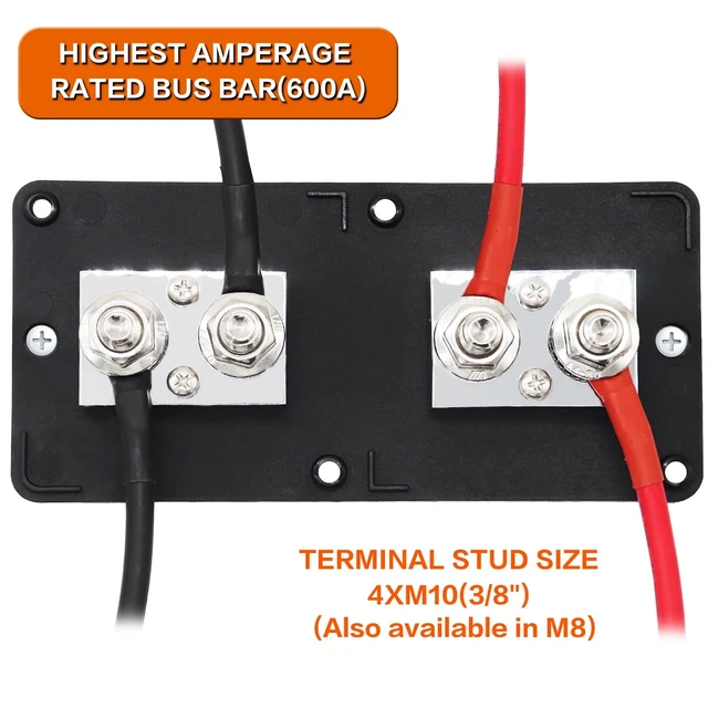 Alt view image 4 of 5 - AMOMD 600A 48V Bus Bar Box 4 Stud (3/8 inch) M10 High Current Tin Plated Copper Distribution Block Positive Negative Independent Modules Electrical Battery Ground Buss Bar with Cover for RV Marine
