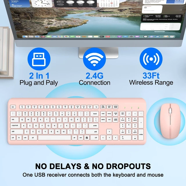 Alt view image 2 of 5 - Wireless Keyboard and Mouse Combo, Full-Size Silent Ergonomic Keyboard and Optical Mouse, Long Battery Life, 2.4G Lag-Free Mice Keyboard for Computer,Mac,Laptop,PC,Windows(White Pink)