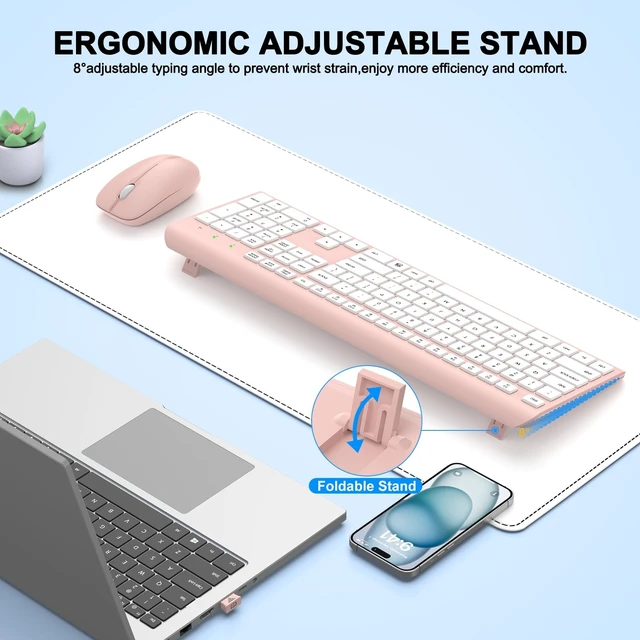 Alt view image 4 of 5 - Wireless Keyboard and Mouse Combo, Full-Size Silent Ergonomic Keyboard and Optical Mouse, Long Battery Life, 2.4G Lag-Free Mice Keyboard for Computer,Mac,Laptop,PC,Windows(White Pink)