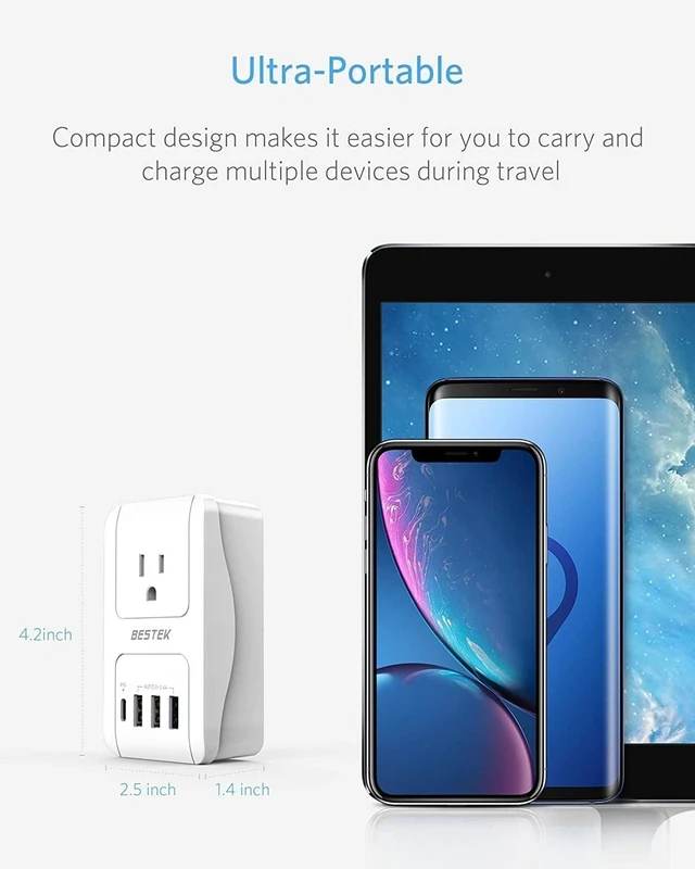 Alt view image 3 of 5 - BESTEK International Travel Adapter with USB-C 30W, 3000W Travel Adapter for Hair Dryer, Curling Iron USB Travel Wall Charger with Worldwide Wall Plugs for US, EU, (Not a Converter)