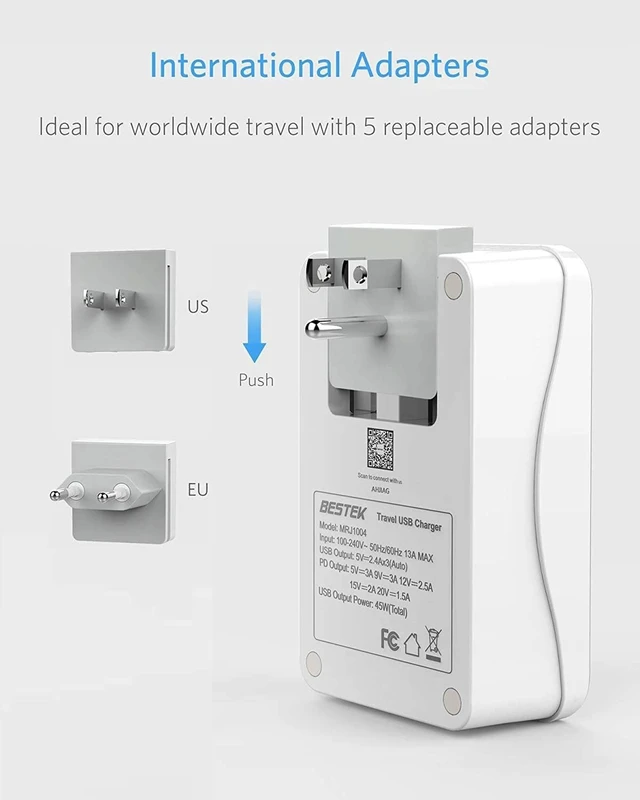 Alt view image 2 of 5 - BESTEK International Travel Adapter with USB-C 30W, 3000W Travel Adapter for Hair Dryer, Curling Iron USB Travel Wall Charger with Worldwide Wall Plugs for US, EU, (Not a Converter)