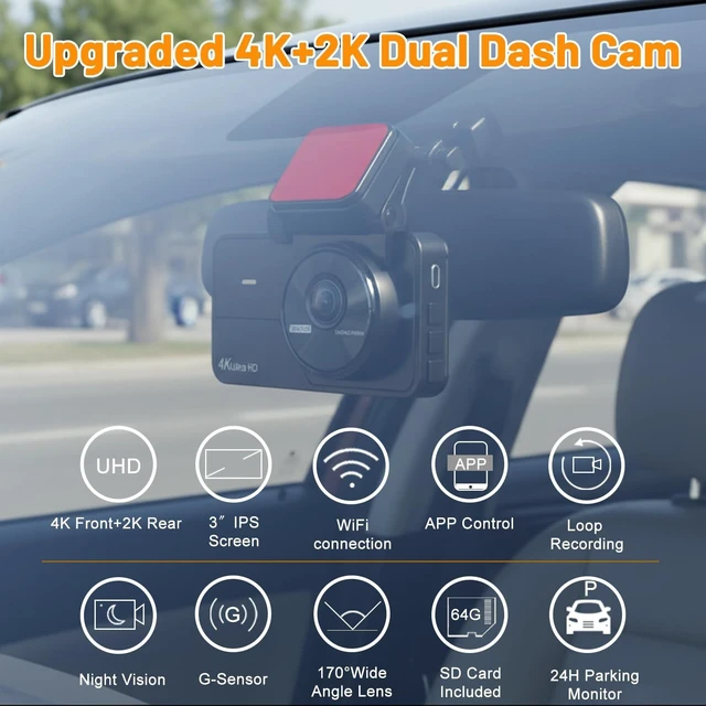 Alt view image 2 of 5 - 4K Dash Cam Front and Rear, Dash Camera for Cars with 64GB Card, Built-in 5.8G WiFi & APP Control, Night Vision, 170 Wide Angle, Loop Recording, Parking Monitor, G-Sensor, 3'' IPS Screen