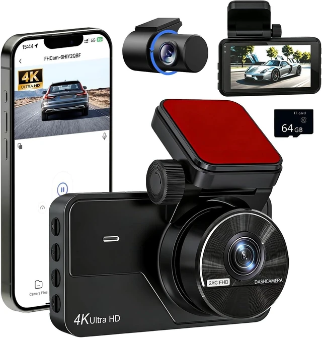 Main image of 4K Dash Cam Front and Rear, Dash Camera for Cars with 64GB Card, Built-in 5.8G WiFi & APP Control, Night Vision, 170 Wide Angle, Loop Recording, Parking Monitor, G-Sensor, 3'' IPS Screen