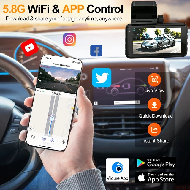Alt view image 3 of 5 - 4K Dash Cam Front and Rear, Dash Camera for Cars with 64GB Card, Built-in 5.8G WiFi & APP Control, Night Vision, 170 Wide Angle, Loop Recording, Parking Monitor, G-Sensor, 3'' IPS Screen