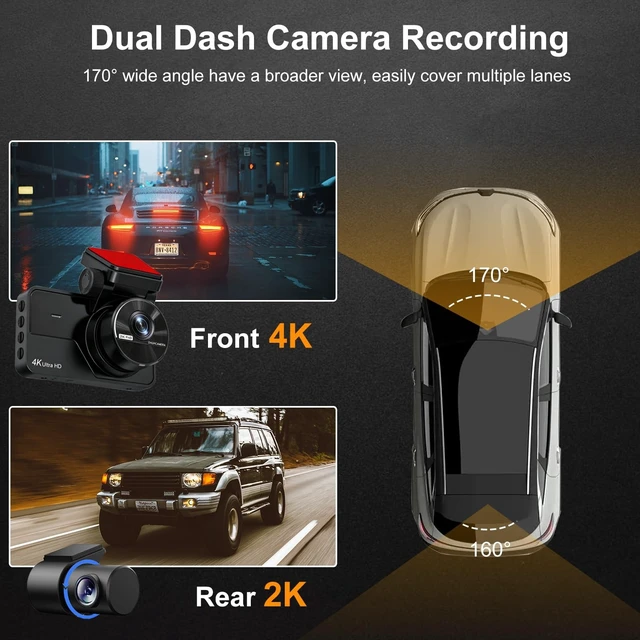Alt view image 4 of 5 - 4K Dash Cam Front and Rear, Dash Camera for Cars with 64GB Card, Built-in 5.8G WiFi & APP Control, Night Vision, 170 Wide Angle, Loop Recording, Parking Monitor, G-Sensor, 3'' IPS Screen