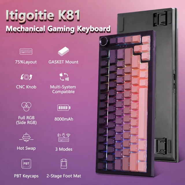 Alt view image 2 of 5 - Itigoitie 75% Wireless Gaming Mechanical Keyboard,TriMode 2.4G/USBC/BT5.3,8000mAh Hot Swappable Custom Keyboard,Linear Switch,Gasket Mounted,RGB Backlit,PBT Keycaps,CNC Knob for Mac/Win/Android