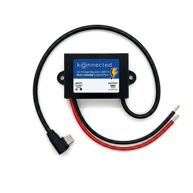 Main image of Konnected DC to USB-C PD Fast Charge Converter, 10-30V Input, 65W Max - Hardwire Car, Alarm Panel, Raspberry Pi (Right Angle)