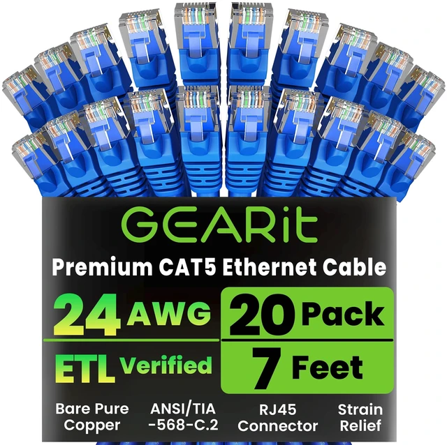 Main image of GearIT 20-Pack, Cat5e Ethernet Patch Cable 7 Feet - Snagless RJ45 Computer LAN Network Cord, Blue