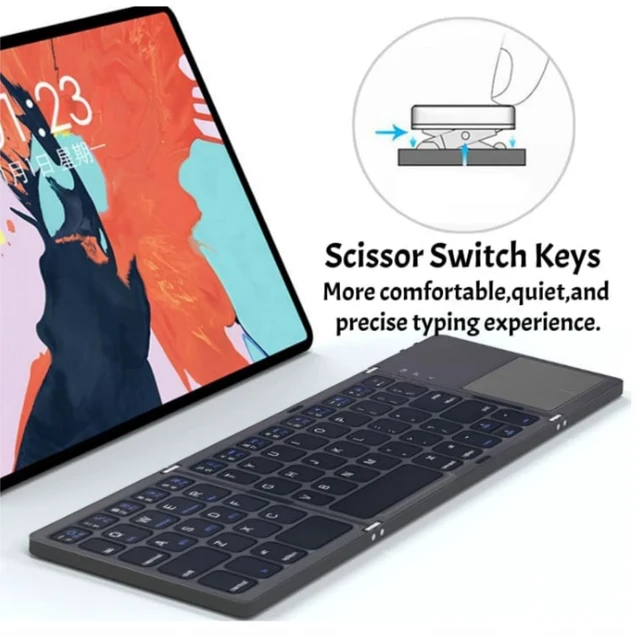 Alt view image 3 of 5 - Foldable Bluetooth Keyborad with Touchpad,Small Tri-Folding Travel Mini Compact Wireless Portable Keyboard for PC Laptop iPad Tablets Smartphone Universal Android Windows iOS, Sync Up to 3 Devi