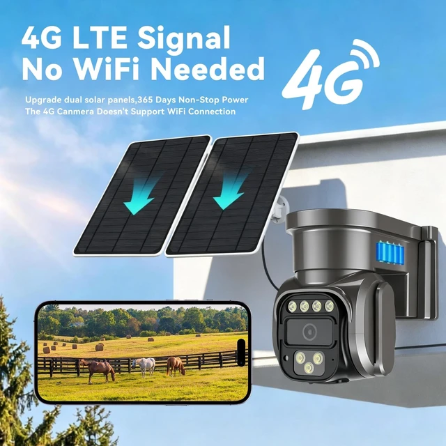 Alt view image 2 of 5 - 4G LTE Cellular Solar Security Camera, No WiFi AOV Solar Camera Wireless Outdoor, Dual Solar Panels, 360Live View, 2K Color Night Vision, PIR Motion Sensor, 24/7 Recording, 2 Way Talk, Built-in