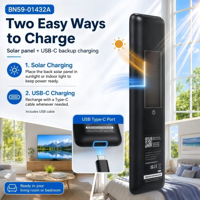 Alt view image 3 of 5 - BN59-01480A TM2360E Solar Voice Remote Control Replacement for Samsung Smart TV, AI Bluetooth Remote with USB-C Charging, Compatible with 2023-2026 Neo QLED, OLED, Frame, Crystal UHD, QLED 4K 8K