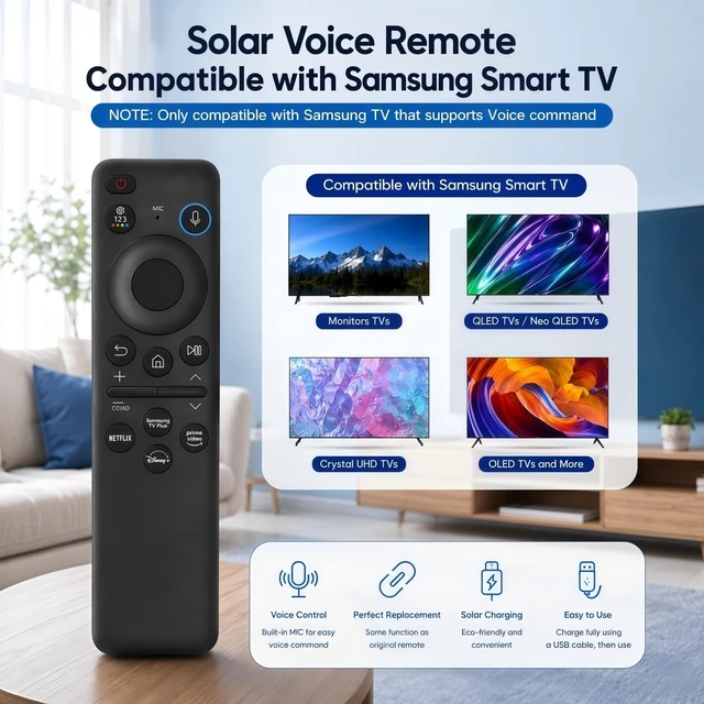 Alt view image 5 of 5 - BN59-01480A TM2360E Solar Voice Remote Control Replacement for Samsung Smart TV, AI Bluetooth Remote with USB-C Charging, Compatible with 2023-2026 Neo QLED, OLED, Frame, Crystal UHD, QLED 4K 8K
