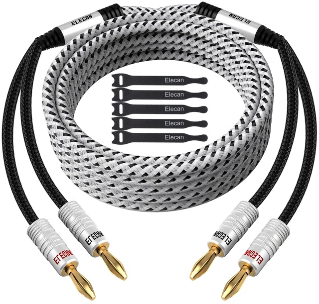 Main image of Elecan 14 AWG Speaker Cable Wire 25 Feet with Gold-Plated Banana Tip Plugs-CL2 Rated-in Wall-Heavy Duty Nylon Braided, Oxygen-Free Copper (OFC)-White-with 5 Cable Ties