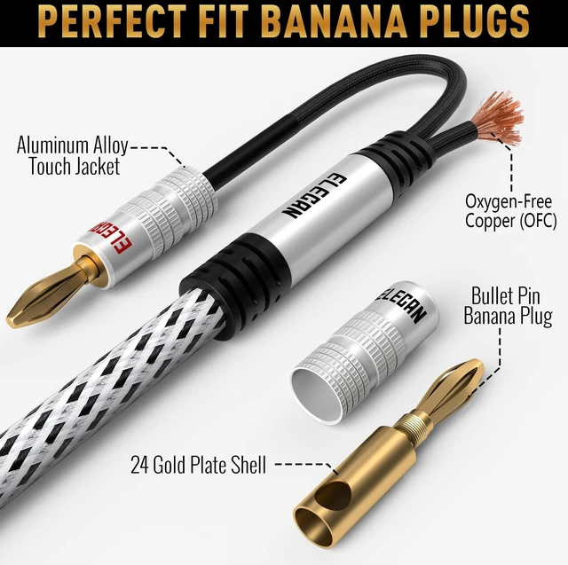 Alt view image 2 of 5 - Elecan 14 AWG Speaker Cable Wire 25 Feet with Gold-Plated Banana Tip Plugs-CL2 Rated-in Wall-Heavy Duty Nylon Braided, Oxygen-Free Copper (OFC)-White-with 5 Cable Ties