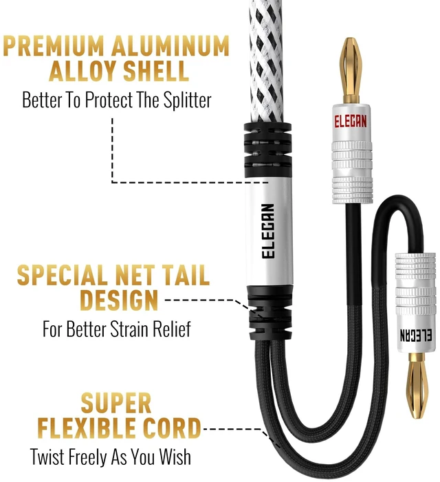 Alt view image 3 of 5 - Elecan 14 AWG Speaker Cable Wire 25 Feet with Gold-Plated Banana Tip Plugs-CL2 Rated-in Wall-Heavy Duty Nylon Braided, Oxygen-Free Copper (OFC)-White-with 5 Cable Ties